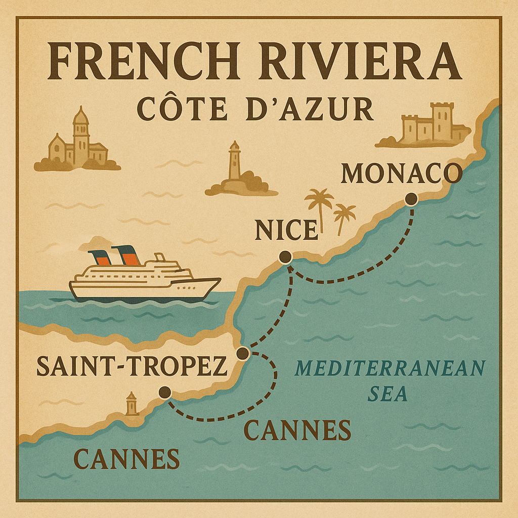 Map of French Riviera cruise itinerary